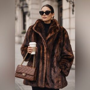 Vintage Faux Fur Coat XL Brown Mink Look Made in USA Olympia Limited Glam Winter
